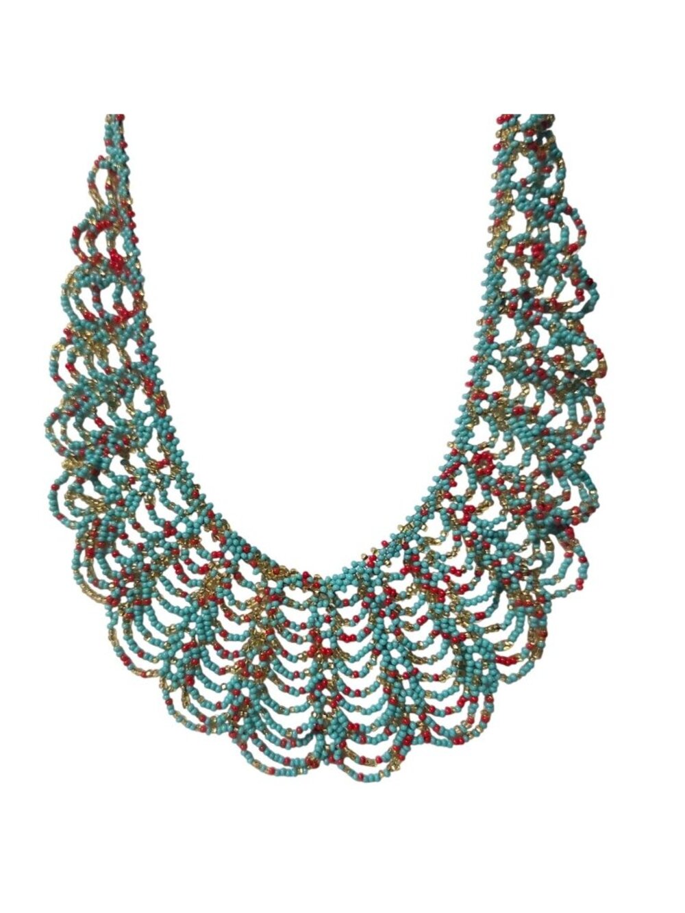 Handcrafted Beaded Necklace Southwest Ethnic Turquoise Red Gold Patterned Design